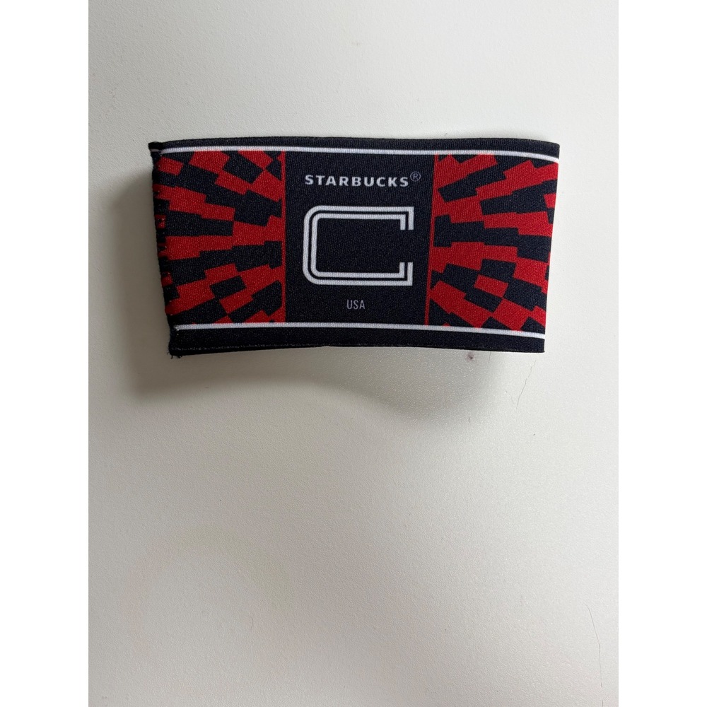 Starbucks Reusable Fabric Cup Sleeve Red Black Geometric Siren Logo USA C